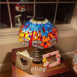 Tiffany Style Stained Glass Dragonfly Table Lamp Blue Red Gold with Bronze Finish