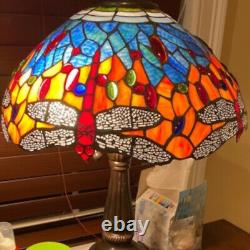 Tiffany Style Stained Glass Dragonfly Table Lamp Blue Red Gold with Bronze Finish