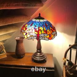 Tiffany Style Stained Glass Dragonfly Table Lamp Blue Red Gold with Bronze Finish