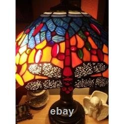 Tiffany Style Stained Glass Dragonfly Table Lamp Blue Red Gold with Bronze Finish