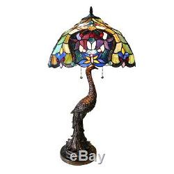 Tiffany Style Stained Glass Floral Shade Table Lamp Peacock Handcrafted 31