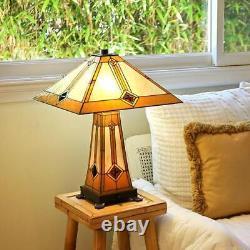 Tiffany Style Stained Glass Golden Mission Table Accent Reading Lamp w Lit Base