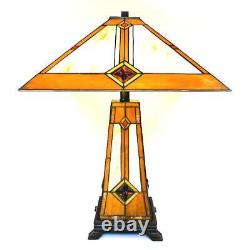 Tiffany Style Stained Glass Golden Mission Table Accent Reading Lamp w Lit Base