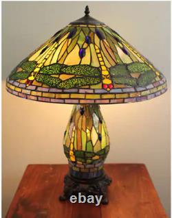Tiffany Style Stained Glass Green Dragonfly Table Lamp With Illuminated Base 25H