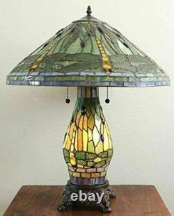Tiffany Style Stained Glass Green Dragonfly Table Lamp With Illuminated Base 25H