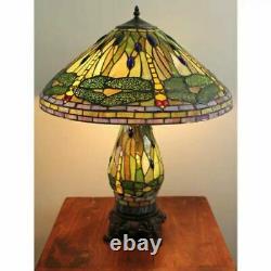 Tiffany Style Stained Glass Green Dragonfly Table Lamp With Illuminated Base 25H