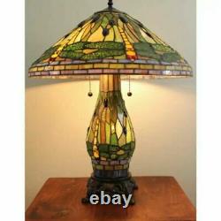 Tiffany Style Stained Glass Green Dragonfly Table Lamp With Illuminated Base 25H