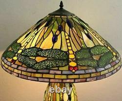 Tiffany Style Stained Glass Green Dragonfly Table Lamp With Illuminated Base 25H