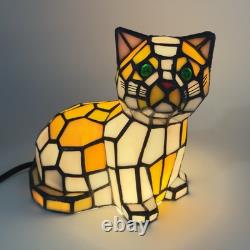 Tiffany Style Stained Glass Green Eyed Cat Table Desk Lamp Night Light