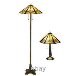 Tiffany Style Stained Glass Hex Mission Style Table and Floor Lamp Set New