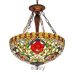 Tiffany Style Stained Glass Inverted Ceiling Pendant 20 Shade with Rose Accent