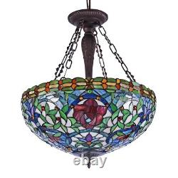 Tiffany Style Stained Glass Inverted Ceiling Pendant 20 Shade with Rose Accent
