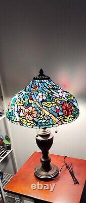 Tiffany-Style Stained Glass Lamp Floral Vine Mosaic Bronze Base Vintage