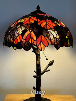 Tiffany Style Stained Glass Leaf Pattern Shade Table Top Dual Bulb Tree Lamp