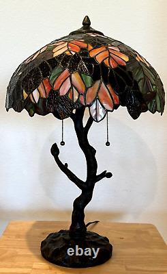 Tiffany Style Stained Glass Leaf Pattern Shade Table Top Dual Bulb Tree Lamp