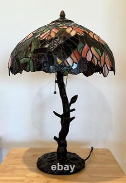 Tiffany Style Stained Glass Leaf Pattern Shade Table Top Dual Bulb Tree Lamp