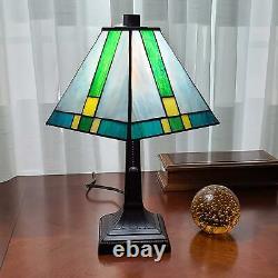 Tiffany Style Stained Glass Mission Table Lamp In Green and Yellow 14.5 Tall