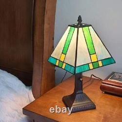 Tiffany Style Stained Glass Mission Table Lamp In Green and Yellow 14.5 Tall