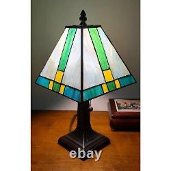 Tiffany Style Stained Glass Mission Table Lamp In Green and Yellow 14.5 Tall