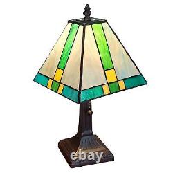 Tiffany Style Stained Glass Mission Table Lamp In Green and Yellow 14.5 Tall