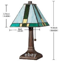 Tiffany Style Stained Glass Mission Table Lamp In Green and Yellow 14.5 Tall