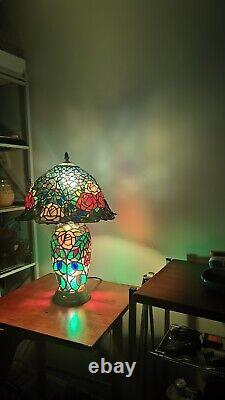 Tiffany Style Stained Glass Table Lamp 3-Way Lighting Roses & Floral Design