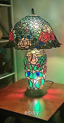 Tiffany Style Stained Glass Table Lamp 3-Way Lighting Roses & Floral Design