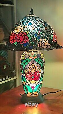 Tiffany Style Stained Glass Table Lamp 3-Way Lighting Roses & Floral Design