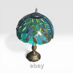 Tiffany Style Stained Glass Table Lamp Blue Green Shade Bronze Base 19