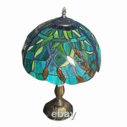 Tiffany Style Stained Glass Table Lamp Blue Green Shade Bronze Base 19