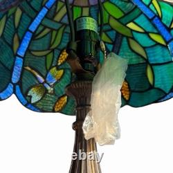 Tiffany Style Stained Glass Table Lamp Blue Green Shade Bronze Base 19