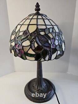 Tiffany Style Stained Glass Table Lamp Cardinal Bird Flowers Brass 14.5 READ