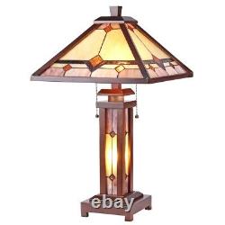 Tiffany Style Stained Glass Table Lamp Double Lit Mission Design