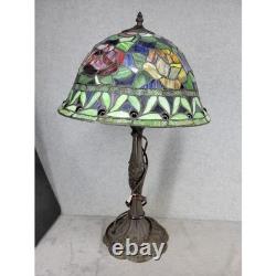 Tiffany Style Stained Glass Table Lamp Floral Rose Design Bronze Base 26.5 Inch