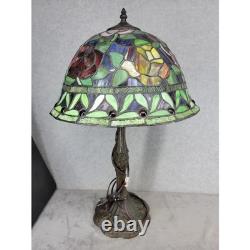 Tiffany Style Stained Glass Table Lamp Floral Rose Design Bronze Base 26.5 Inch