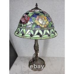Tiffany Style Stained Glass Table Lamp Floral Rose Design Bronze Base 26.5 Inch