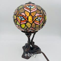 Tiffany Style Stained Glass Table Lamp Peacock Feathers Round Fish Bronze Base