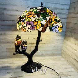 Tiffany-Style Stained Glass Table Lamp withBirds on Tree Branch Base, Double-Lit