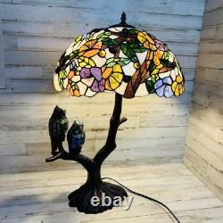 Tiffany-Style Stained Glass Table Lamp withBirds on Tree Branch Base, Double-Lit