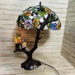 Tiffany-Style Stained Glass Table Lamp withBirds on Tree Branch Base, Double-Lit