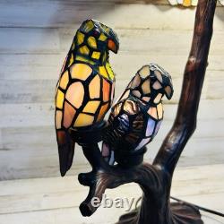 Tiffany-Style Stained Glass Table Lamp withBirds on Tree Branch Base, Double-Lit