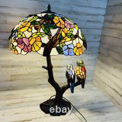 Tiffany-Style Stained Glass Table Lamp withBirds on Tree Branch Base, Double-Lit