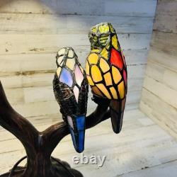 Tiffany-Style Stained Glass Table Lamp withBirds on Tree Branch Base, Double-Lit