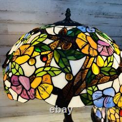 Tiffany-Style Stained Glass Table Lamp withBirds on Tree Branch Base, Double-Lit