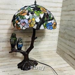 Tiffany-Style Stained Glass Table Lamp withBirds on Tree Branch Base, Double-Lit