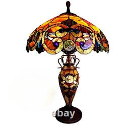 Tiffany Style Stained Glass Victorian Design 2 Light Table Lamp with Lit Base
