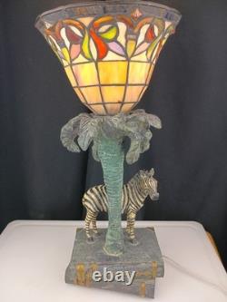 Tiffany Style Stained Glass Zebra Palm Tree Books Hollywood Regency Table Lamp
