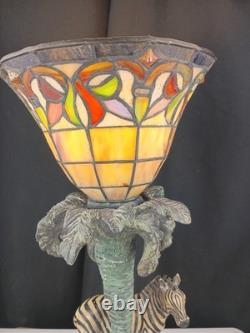 Tiffany Style Stained Glass Zebra Palm Tree Books Hollywood Regency Table Lamp
