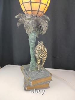 Tiffany Style Stained Glass Zebra Palm Tree Books Hollywood Regency Table Lamp