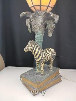 Tiffany Style Stained Glass Zebra Palm Tree Books Hollywood Regency Table Lamp